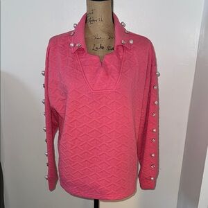 Simply Southern Quilted V Neck Long Sleeve Top with Pearls and Rhinestones